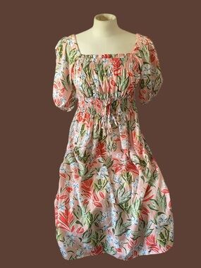 Pink Floral Smocked Midi Dress with Puff Sleeves
